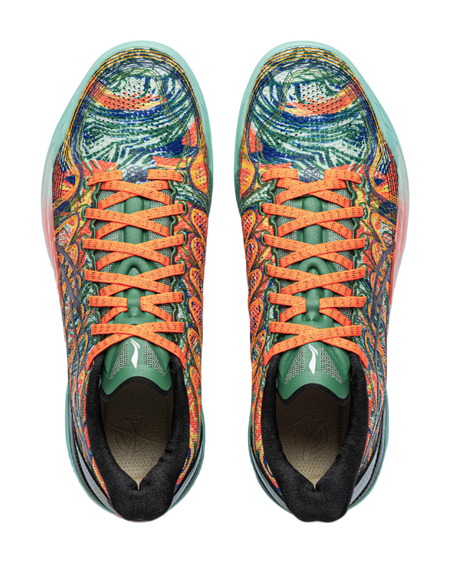 Pair of men's low-top basketball shoes with multicolor laces and green lining.
