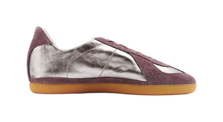 Low-cut training shoes, silver metallic upper with maroon quarter panels and gum outsole.