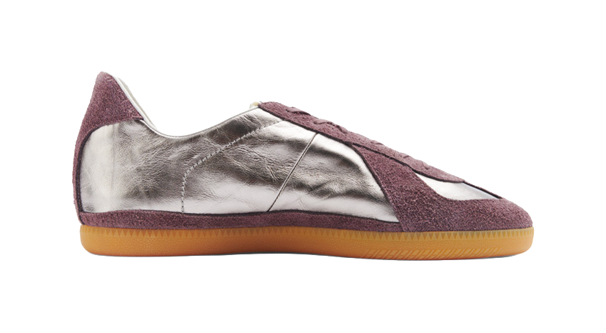 Low-cut training shoes, silver metallic upper with maroon quarter panels and gum outsole.