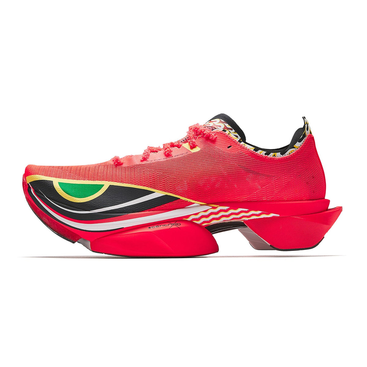 Neon red running shoes with black-and-white side stripes and green emblem