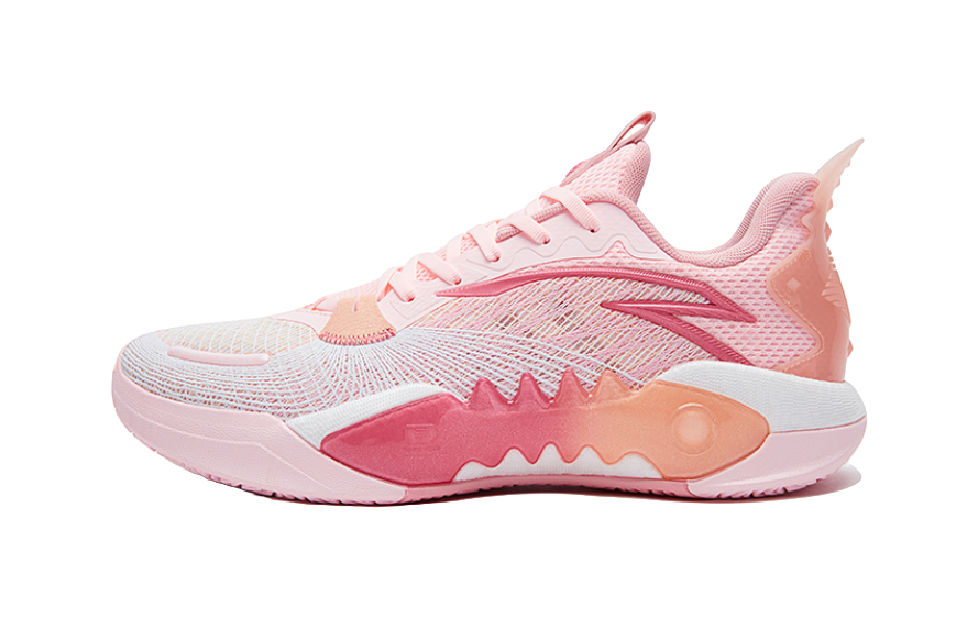 Pink basketball shoe with mesh upper, lace-up front, sculpted midsole