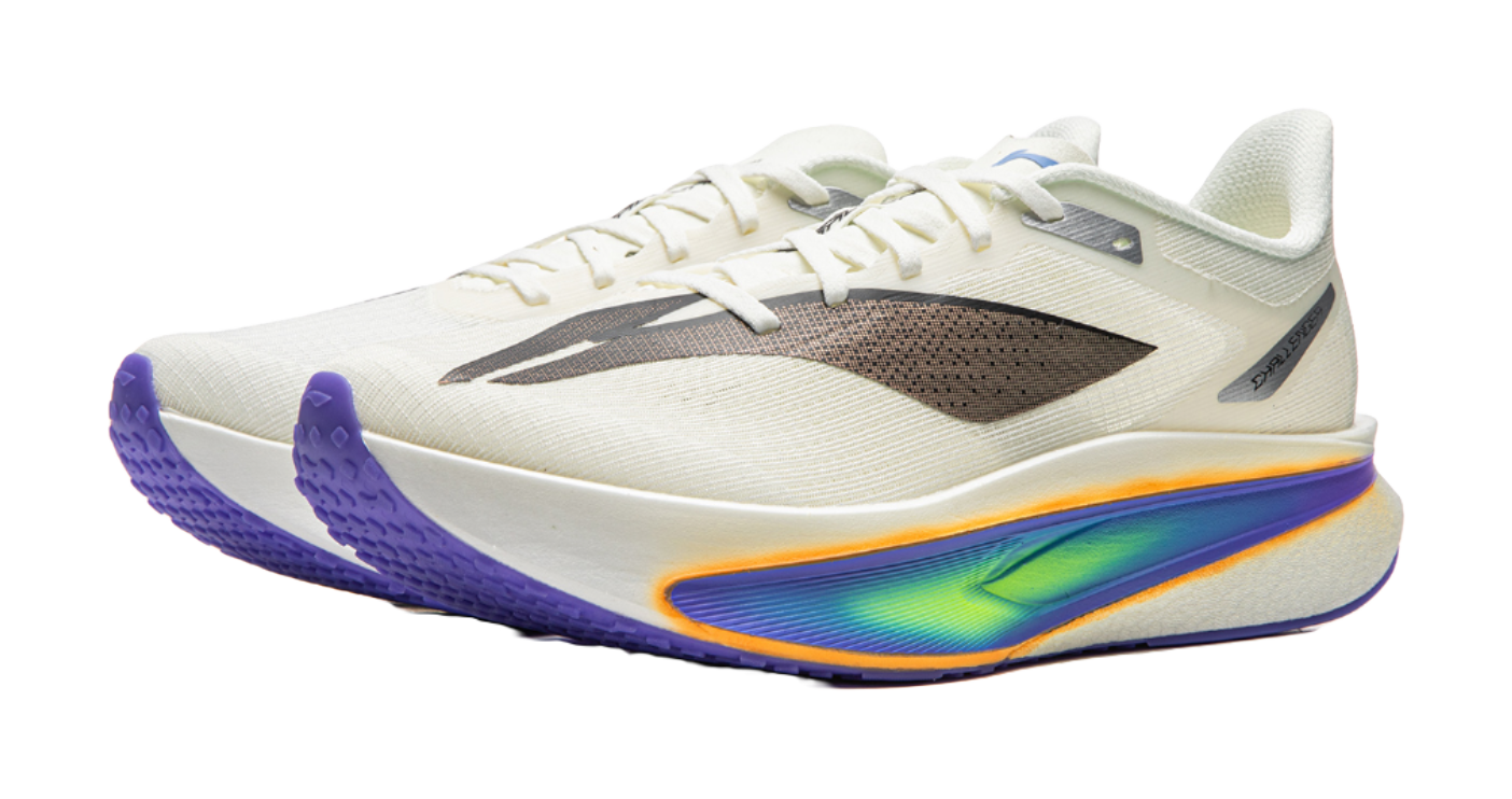 Champagne white running shoe toe and heel view with rainbow edge sole