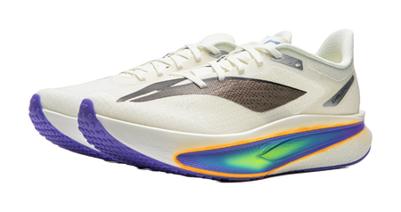 Champagne white running shoe toe and heel view with rainbow edge sole