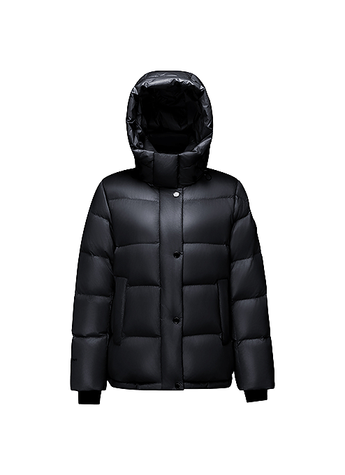 Black hooded puffer winter down jacket with button-front and quilted baffles
