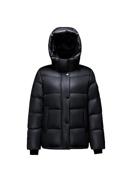 Black hooded puffer winter down jacket with button-front and quilted baffles