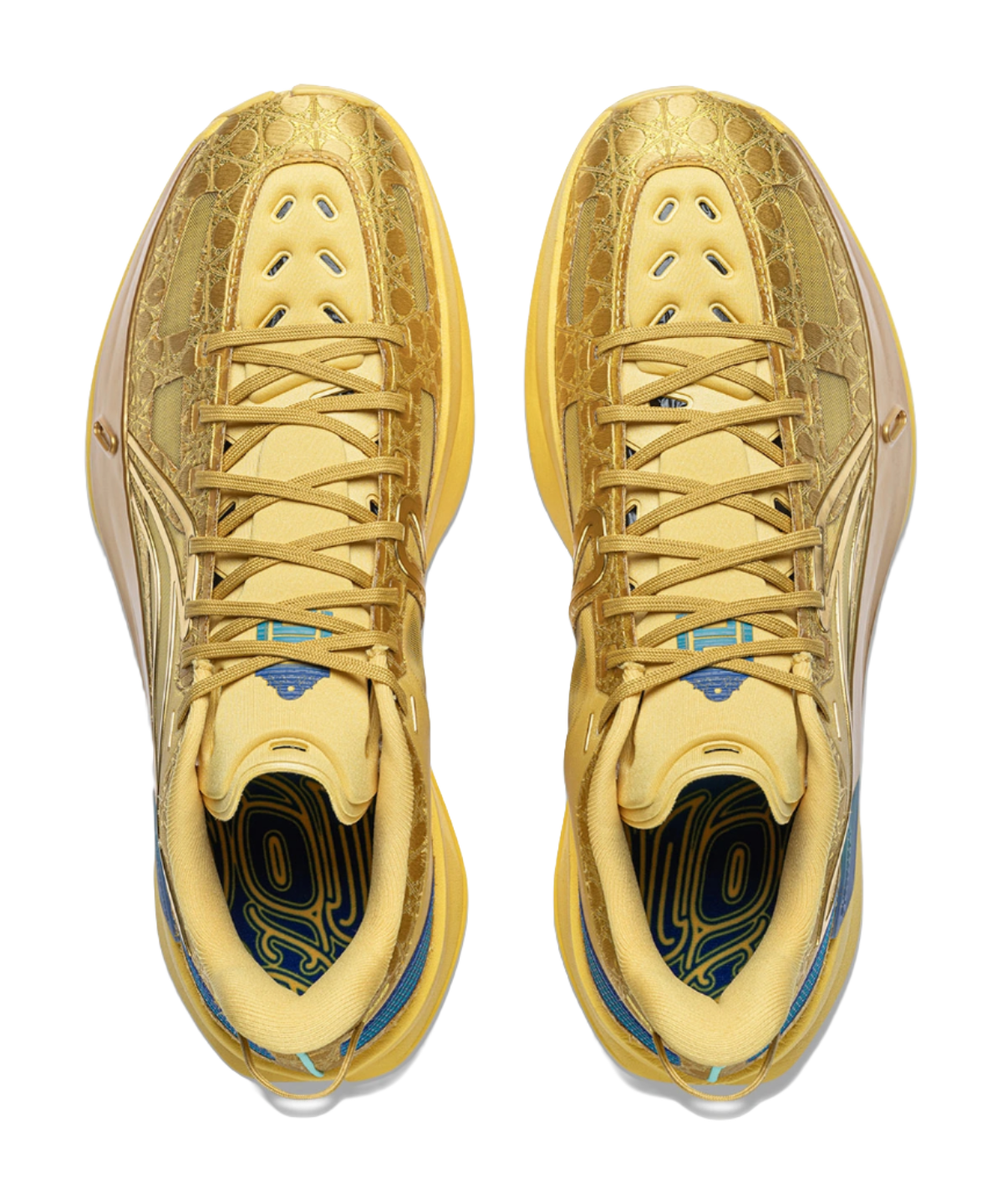 Pair of bright gold low-top sneakers with blue lining and lace-up front view