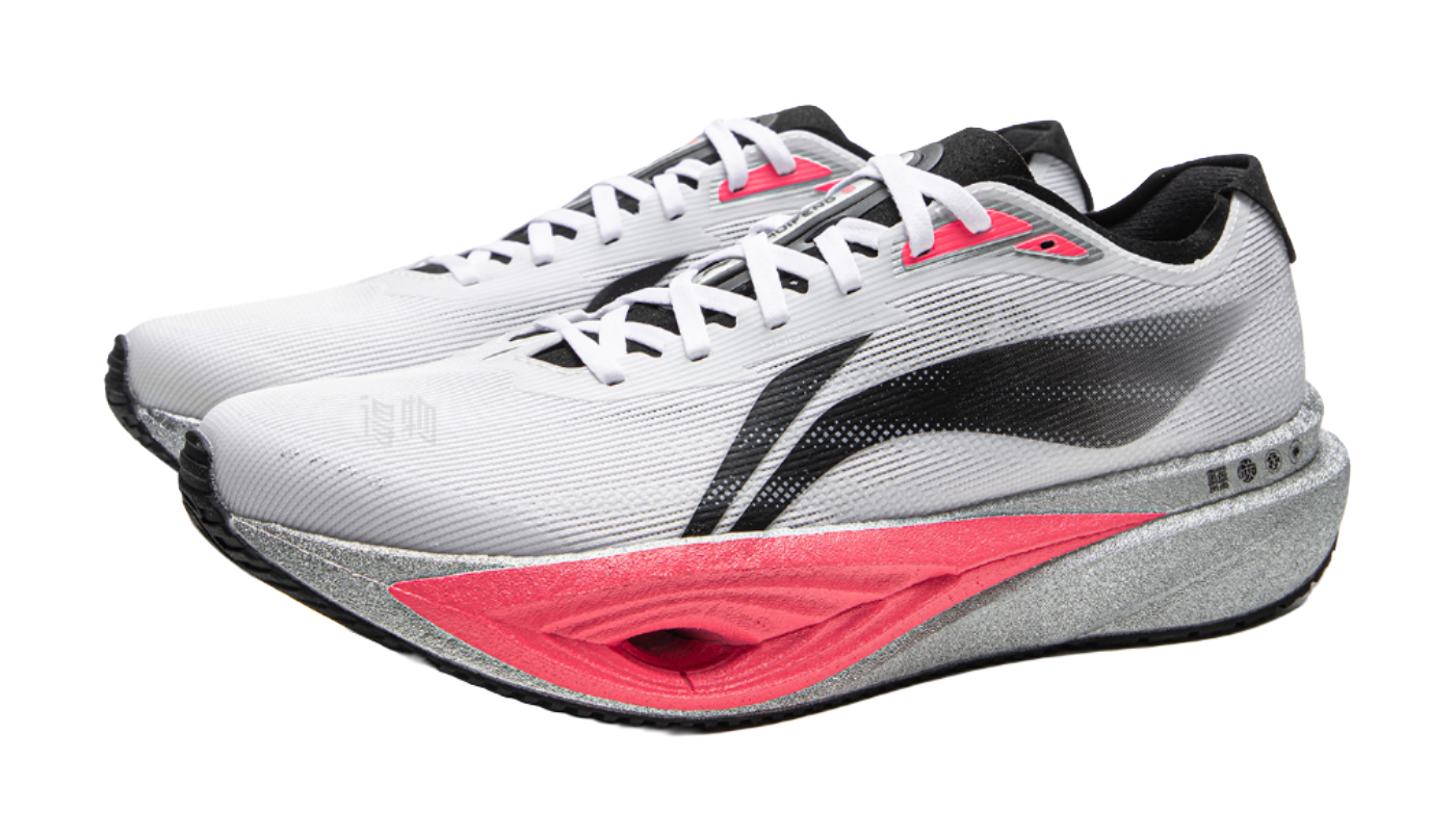 Li-Ning racing running shoe, angled side view with red forefoot cutout and black overlays