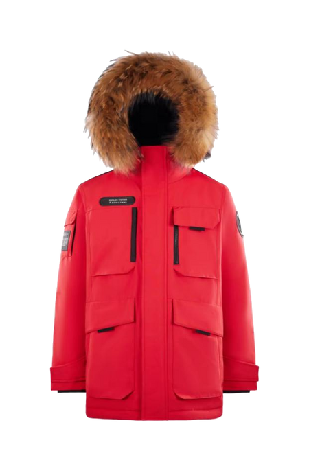 Red unisex winter down jacket with fur-trimmed hood and front flap pockets