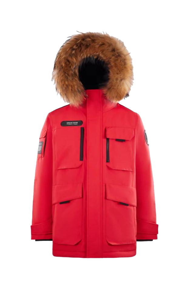 Red unisex winter down jacket with fur-trimmed hood and front flap pockets