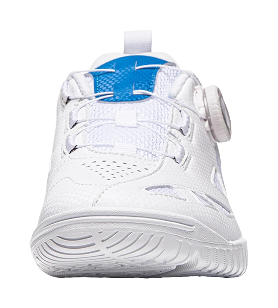 White table tennis shoe heel with blue mesh collar, heel pull tab, and grippy rubber sole.