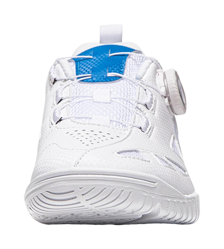White table tennis shoe heel with blue mesh collar, heel pull tab, and grippy rubber sole.