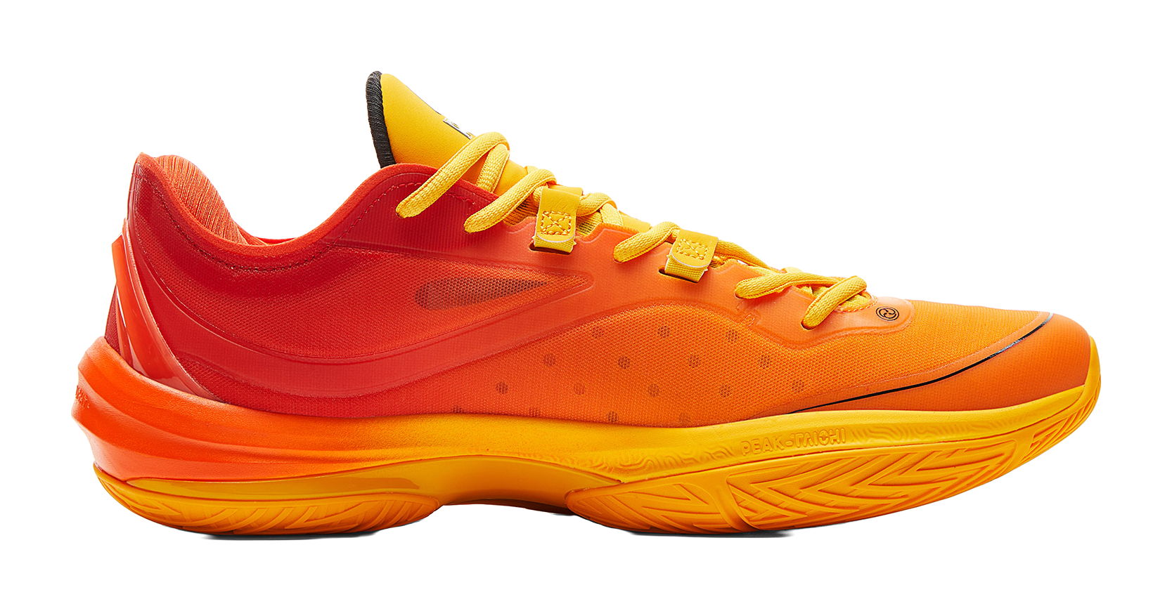 Basketball shoe side view with orange and yellow knit upper and thick cushioned sole