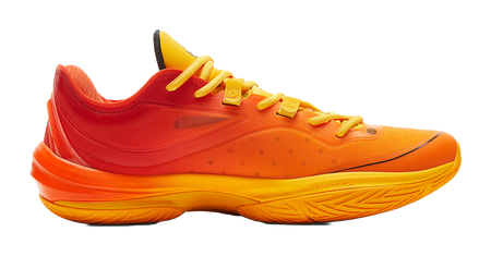 Basketball shoe side view with orange and yellow knit upper and thick cushioned sole