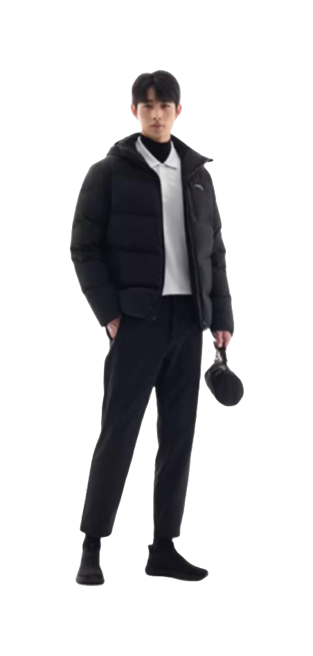 Men's black down jacket worn on model, side view with full-zip hood