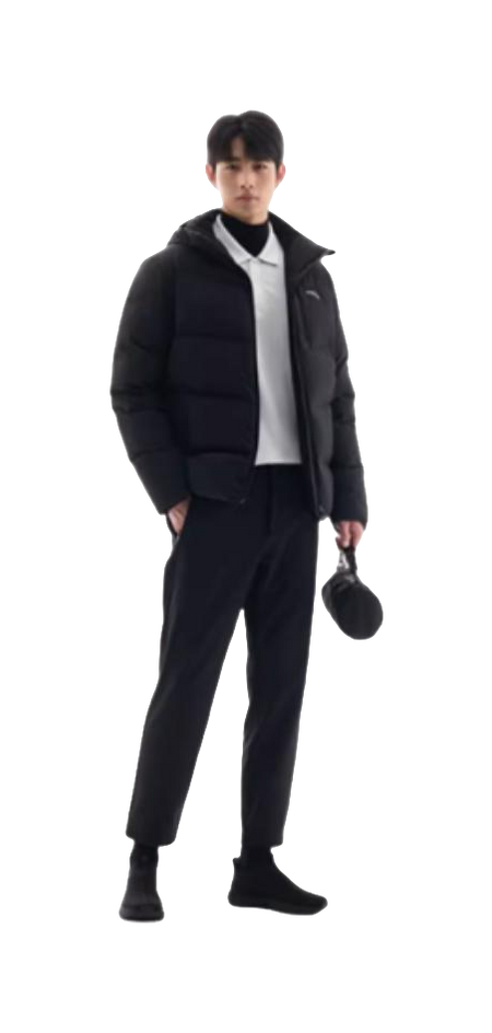Men's black down jacket worn on model, side view with full-zip hood