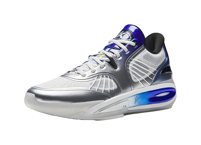 Silver low basketball shoe with blue accents, lace-up, cushioned sole