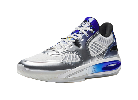 Silver low basketball shoe with blue accents, lace-up, cushioned sole