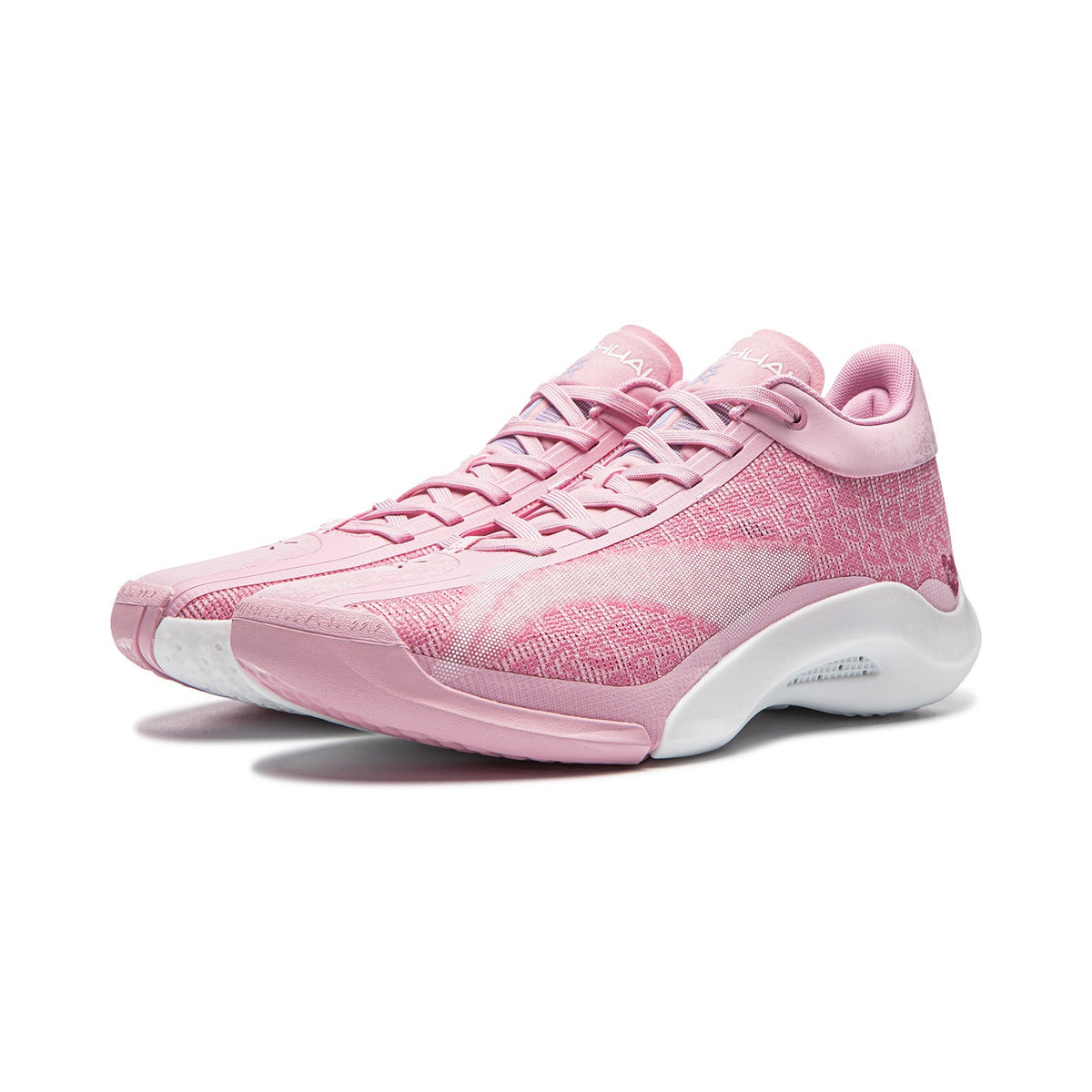 Pink lace-up basketball shoe with white midsole and textured forefoot detail