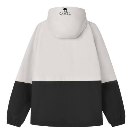 Men's white and black colorblock windbreaker jacket with hood and full-zip front