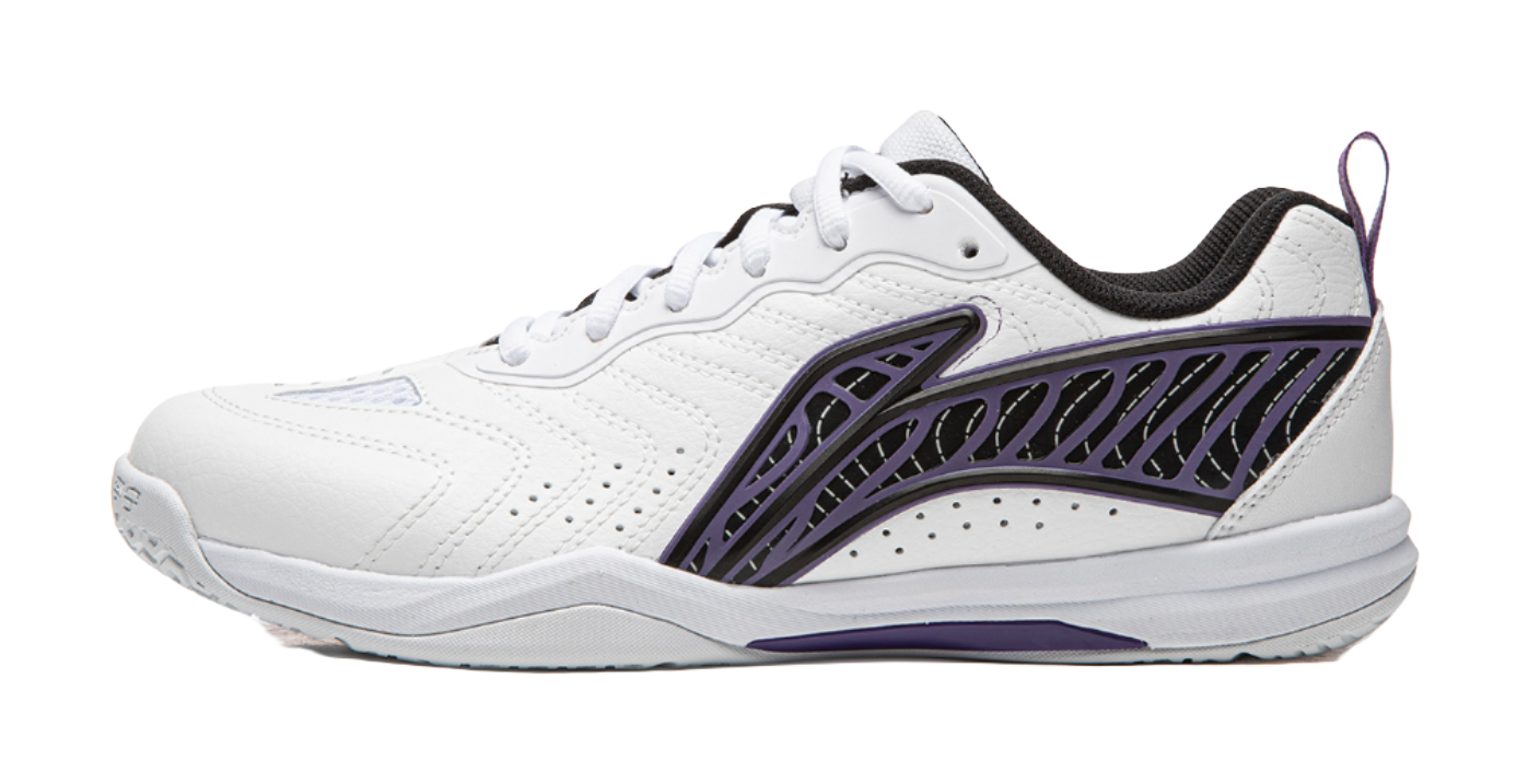 White table tennis shoe with purple patterned stripe and dark heel collar