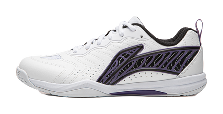 White table tennis shoe with purple patterned stripe and dark heel collar