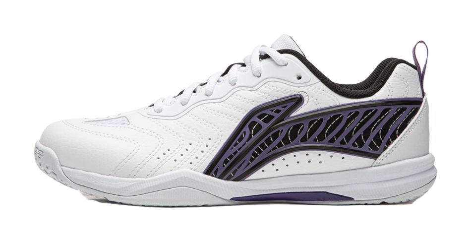 White table tennis shoe with purple patterned stripe and dark heel collar