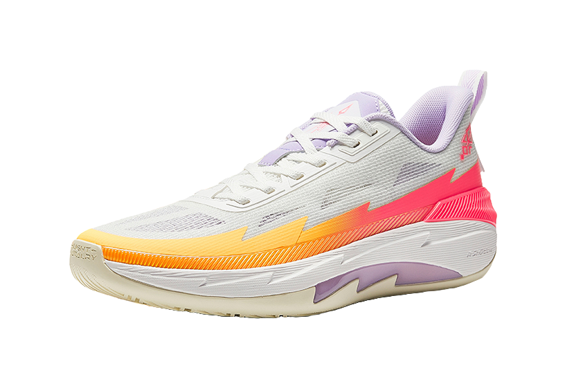 Unisex basketball shoe in white with orange swoosh stripe and pink midsole