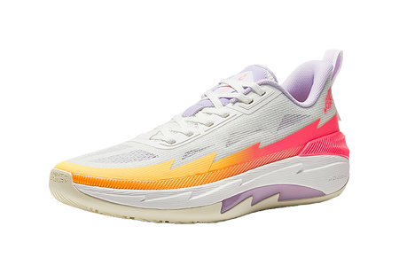 Unisex basketball shoe in white with orange swoosh stripe and pink midsole