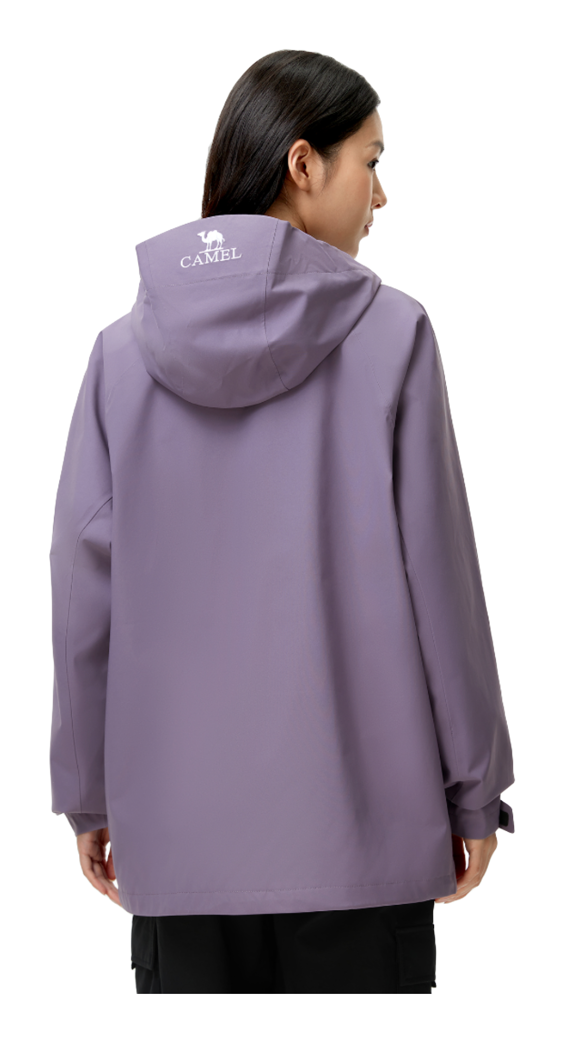 Lavender unisex windbreaker jacket, back side view with hood
