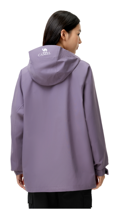 Lavender unisex windbreaker jacket, back side view with hood