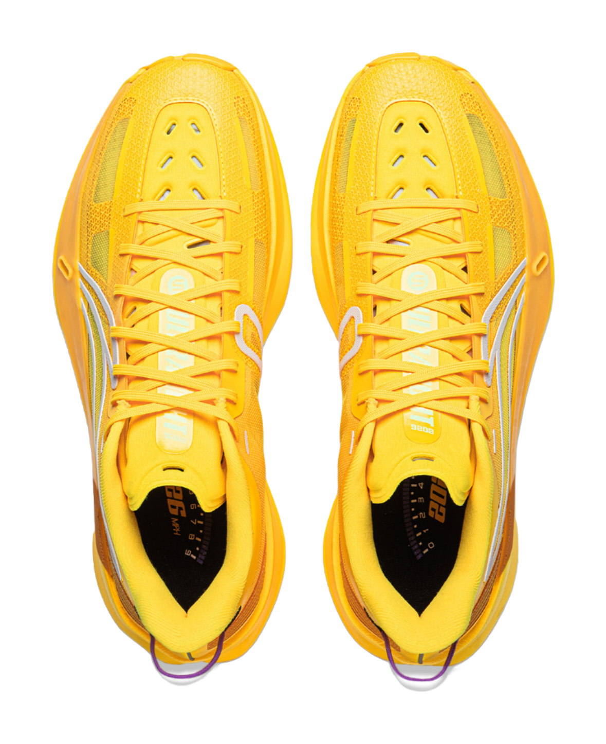 Pair of yellow basketball shoes, front view with lace-up uppers