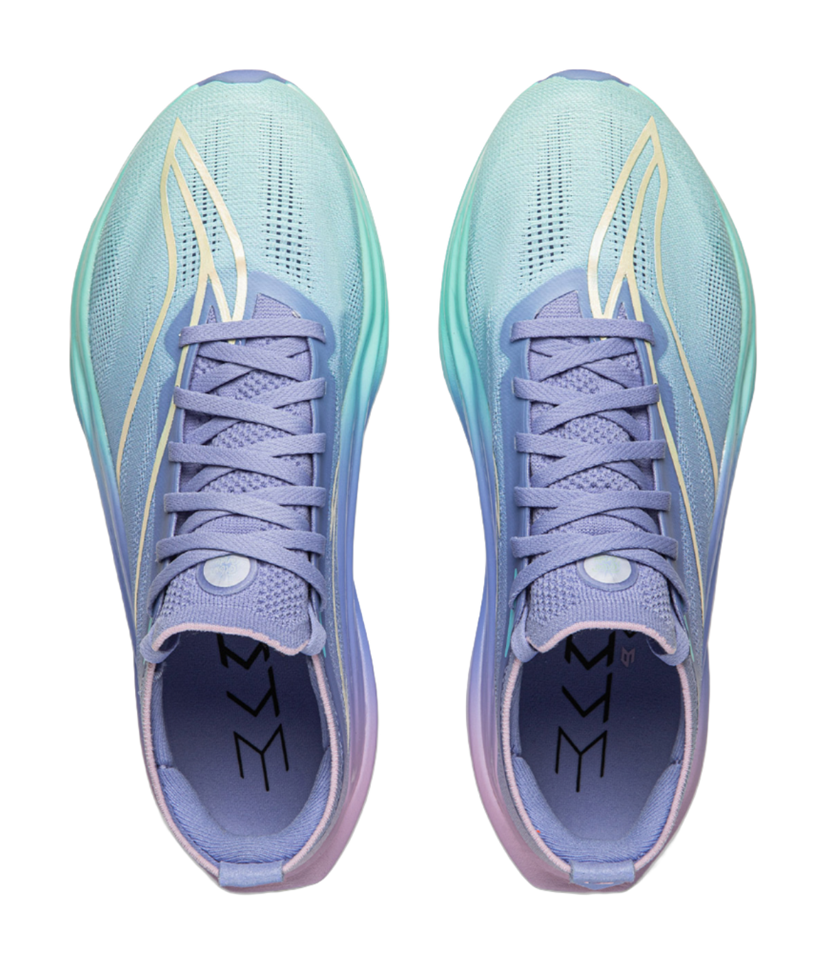 Unisex running shoe pair, light blue knit upper with purple laces and logo on tongue