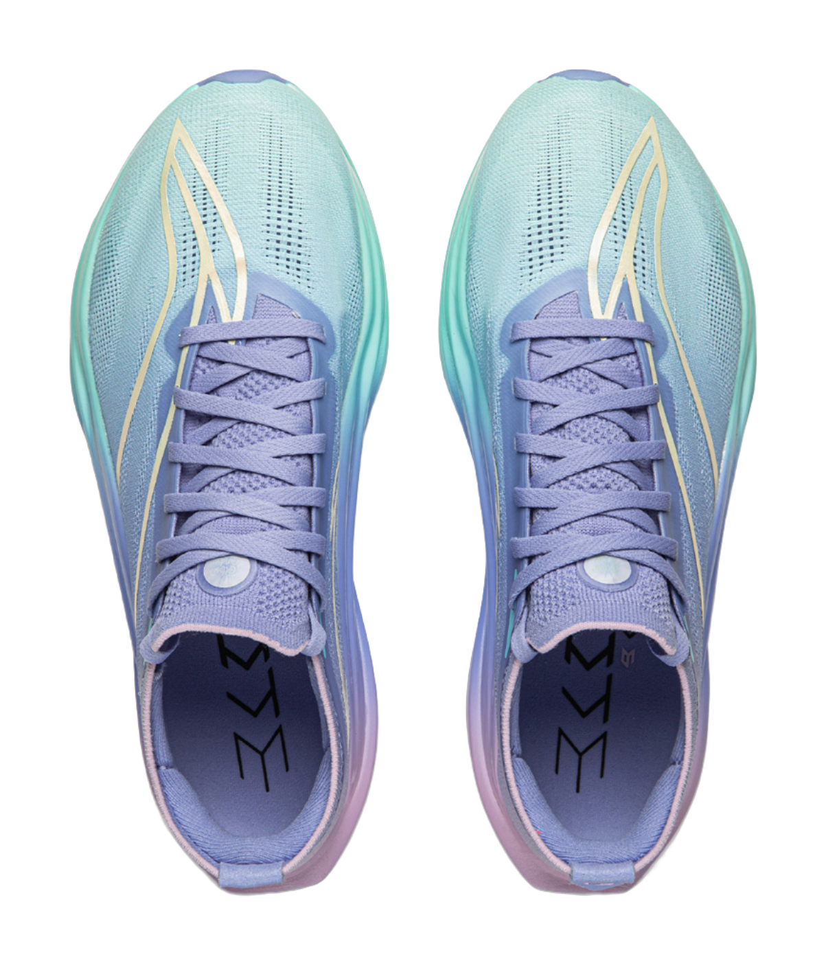 Unisex running shoe pair, light blue knit upper with purple laces and logo on tongue