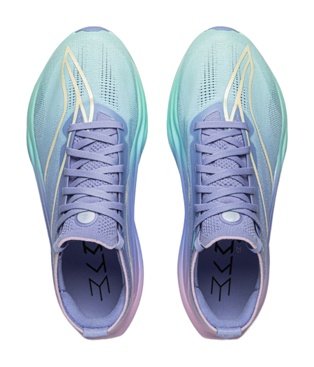 Unisex running shoe pair, light blue knit upper with purple laces and logo on tongue