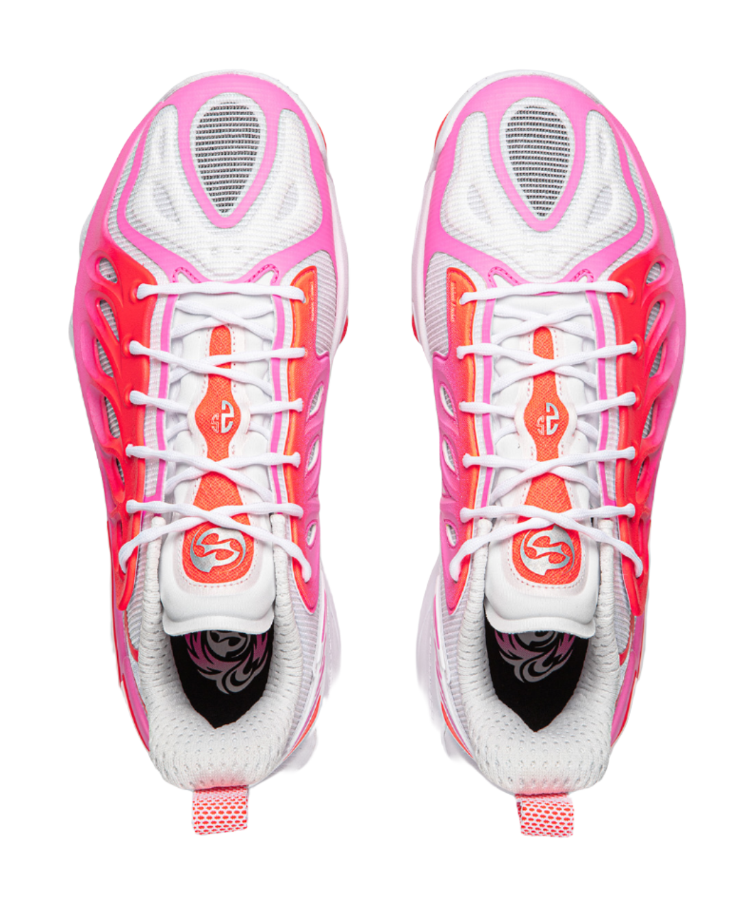 Unisex basketball shoe pair, front view with white laces and pink/red uppers