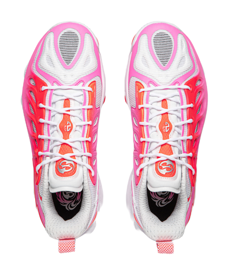 Unisex basketball shoe pair, front view with white laces and pink/red uppers