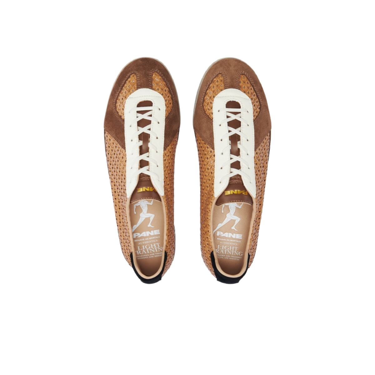 PANE low-top training shoes, brown textured suede, white laces and gum sole