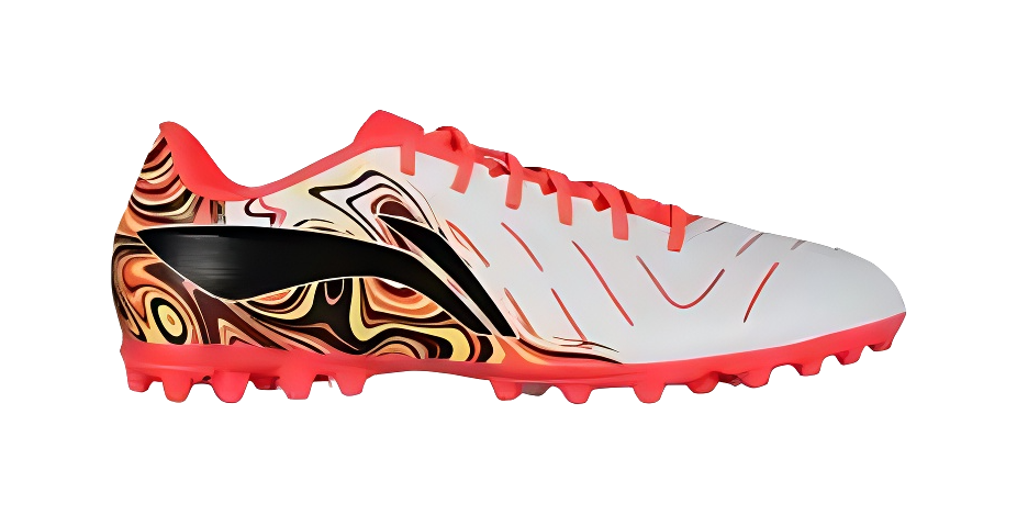 White and red unisex soccer cleat with swirl graphic collar and red rubber stud outsole