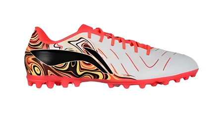 White and red unisex soccer cleat with swirl graphic collar and red rubber stud outsole