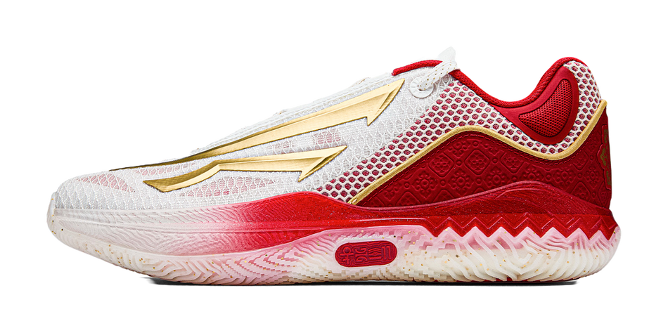 Low-top basketball shoes, white knit with red accents and metallic gold logo