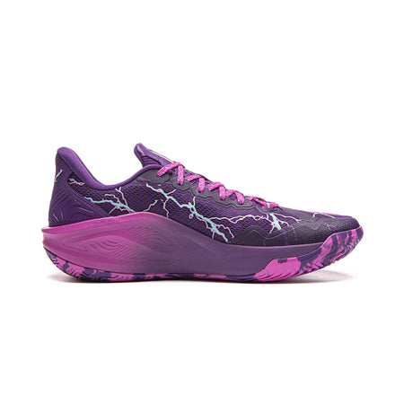 Men's purple basketball shoes, side view, pink laces and wavy flame pattern