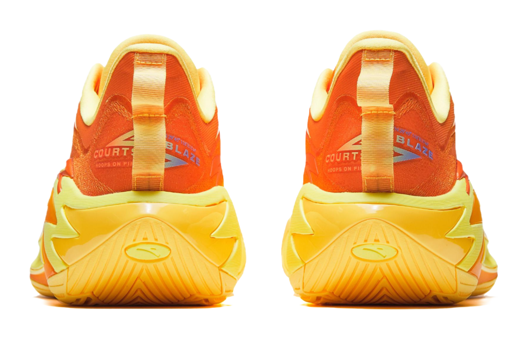 Basketball shoe heel view in yellow with orange collar, cushioned heel and traction details.