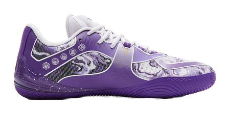 Lavender and white basketball shoe with patterned panels and white laces