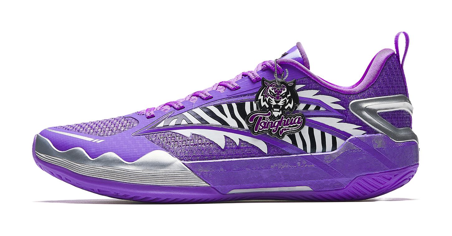 Purple and white basketball shoe with knit upper, lace-up front, and padded collar.