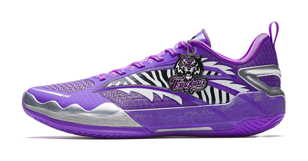 Purple and white basketball shoe with knit upper, lace-up front, and padded collar.