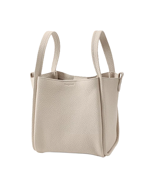 Medium leather basket bag with two top handles, light cream color and structured sides
