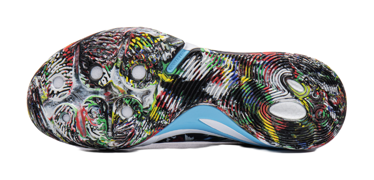 Basketball shoe outsole view, multicolor patterned toe and heel with blue stripe