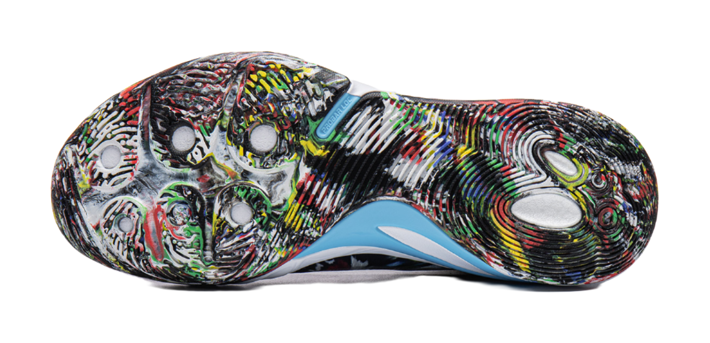 Basketball shoe outsole view, multicolor patterned toe and heel with blue stripe