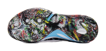 Basketball shoe outsole view, multicolor patterned toe and heel with blue stripe