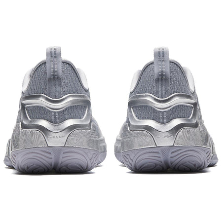 Men's basketball shoe in silver-gray, heel view with TPU collar and grippy outsole tread